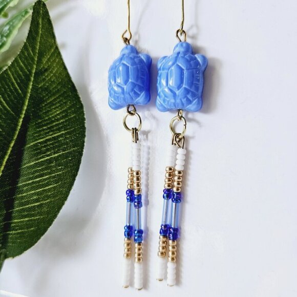 2/$27 | Blue Turtle Beaded Indigenous Native Fringe Earrings | Handmade Jewelry - Picture 2 of 5